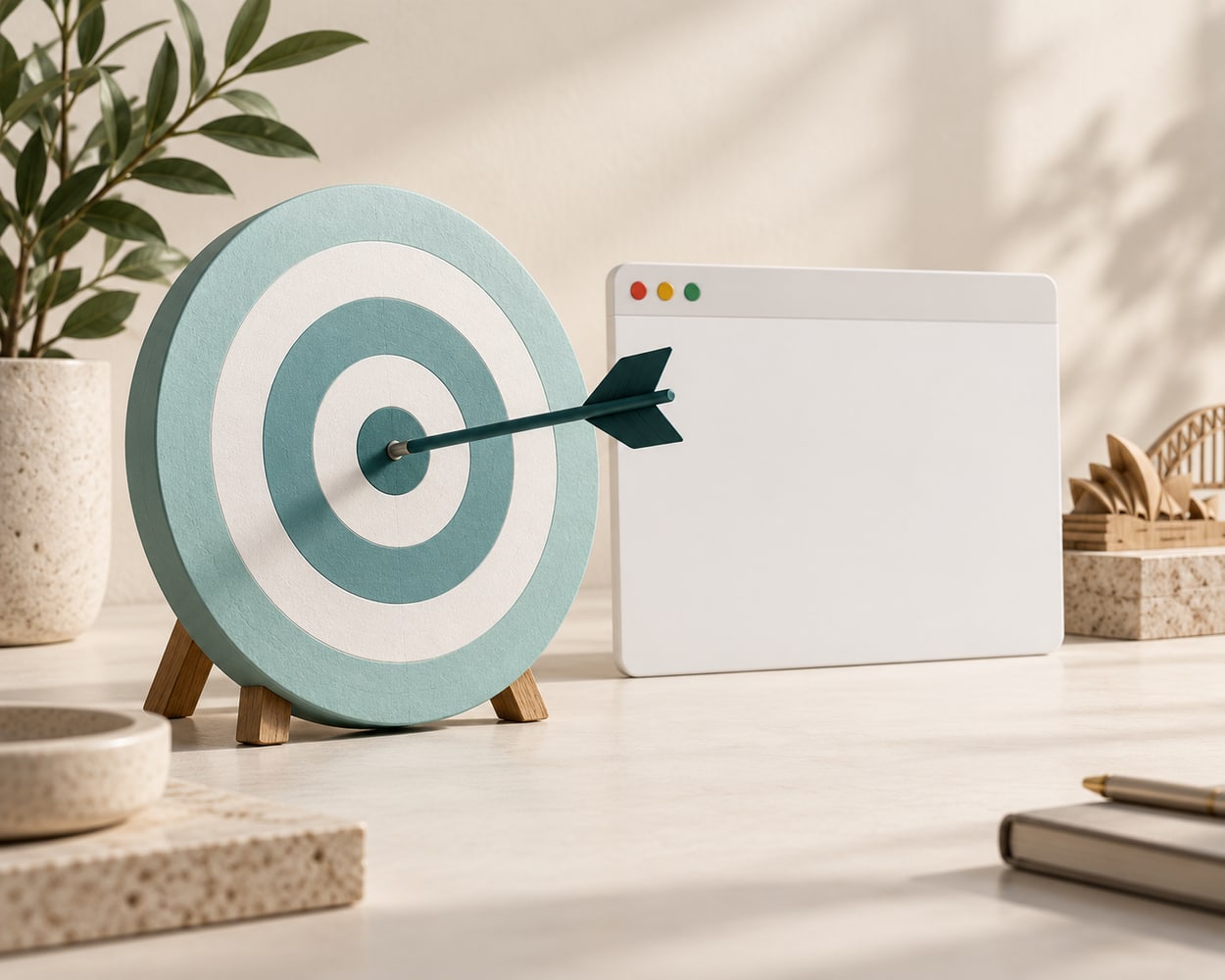 A teal target and arrow beside a simple browser shape illustrating focused advertising