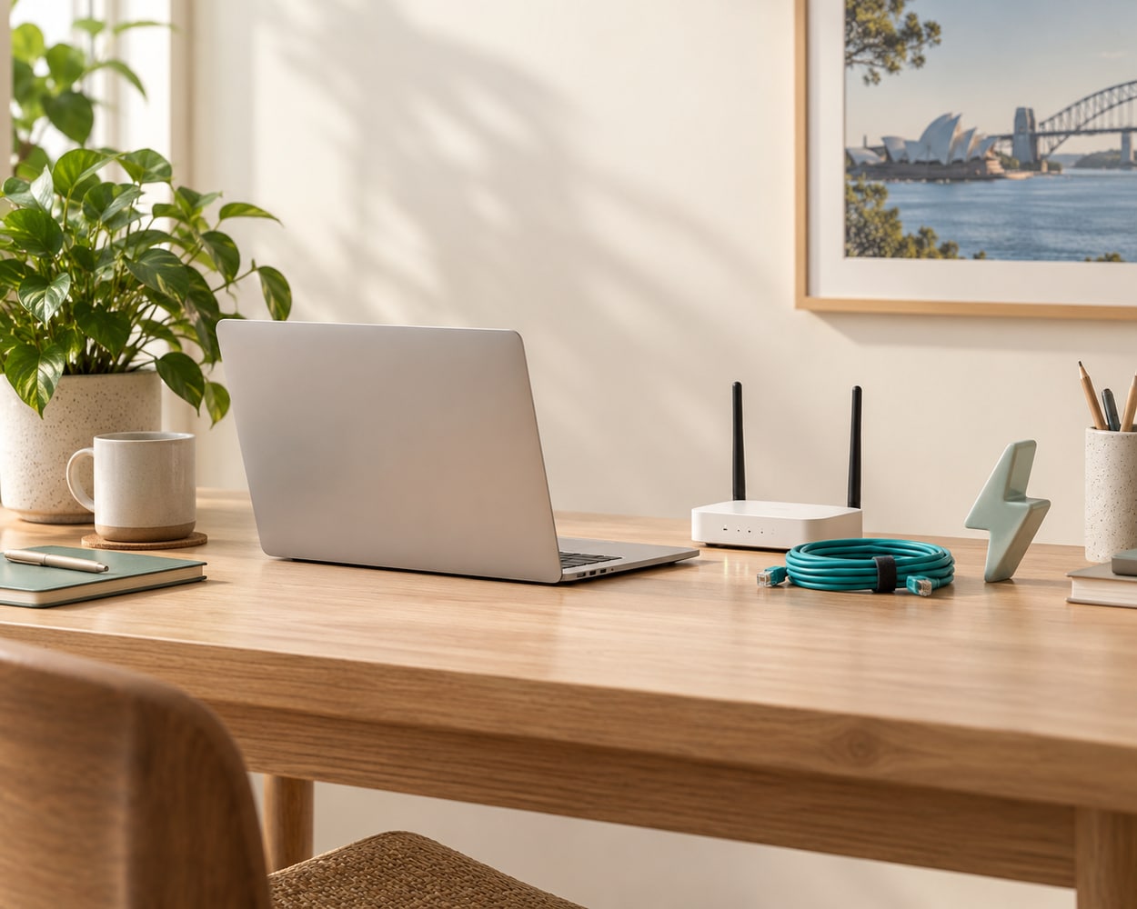 Laptop, router and neatly arranged cables in a calm Sydney office illustration