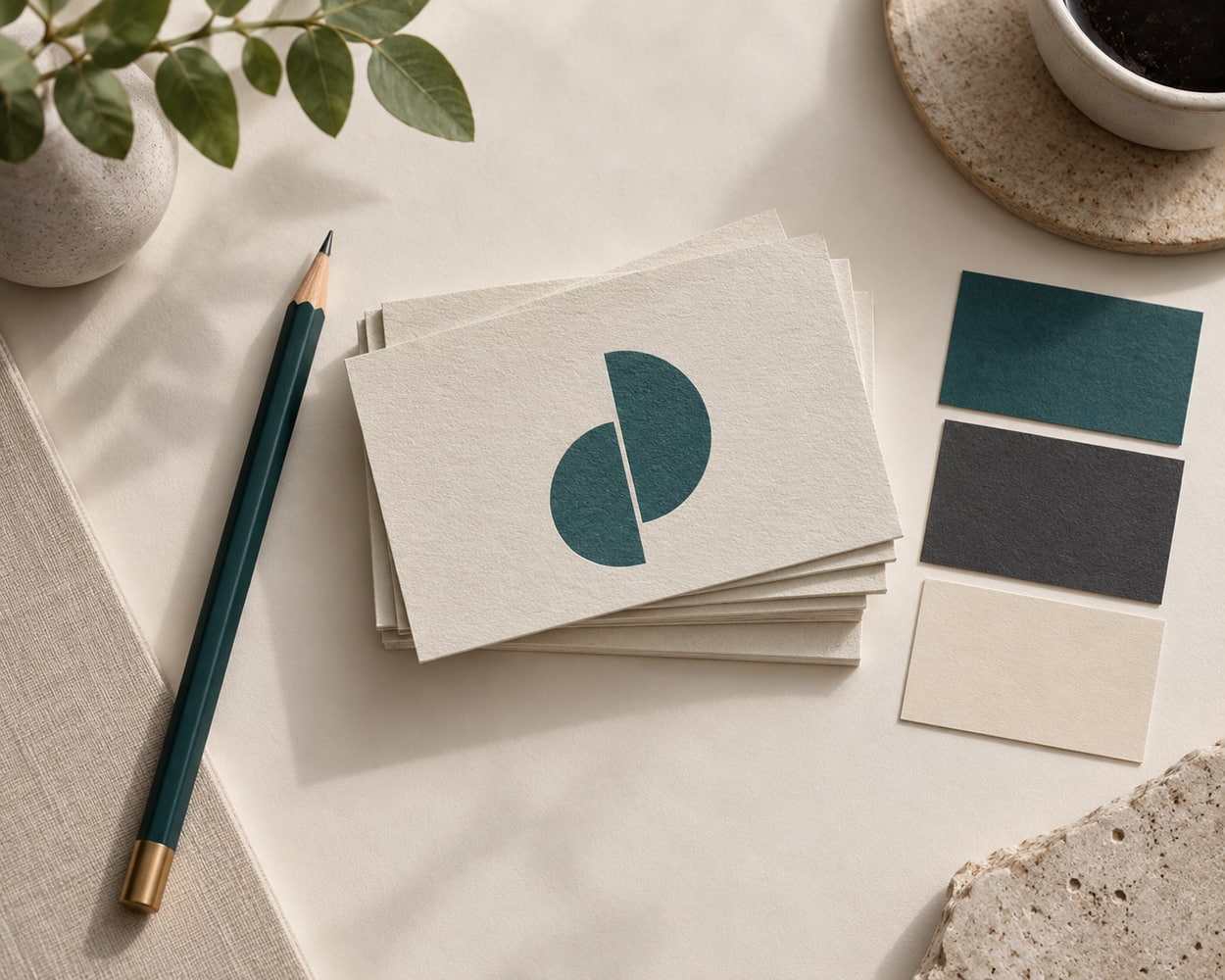 Textured business cards, a pencil and teal colour samples for a branding project
