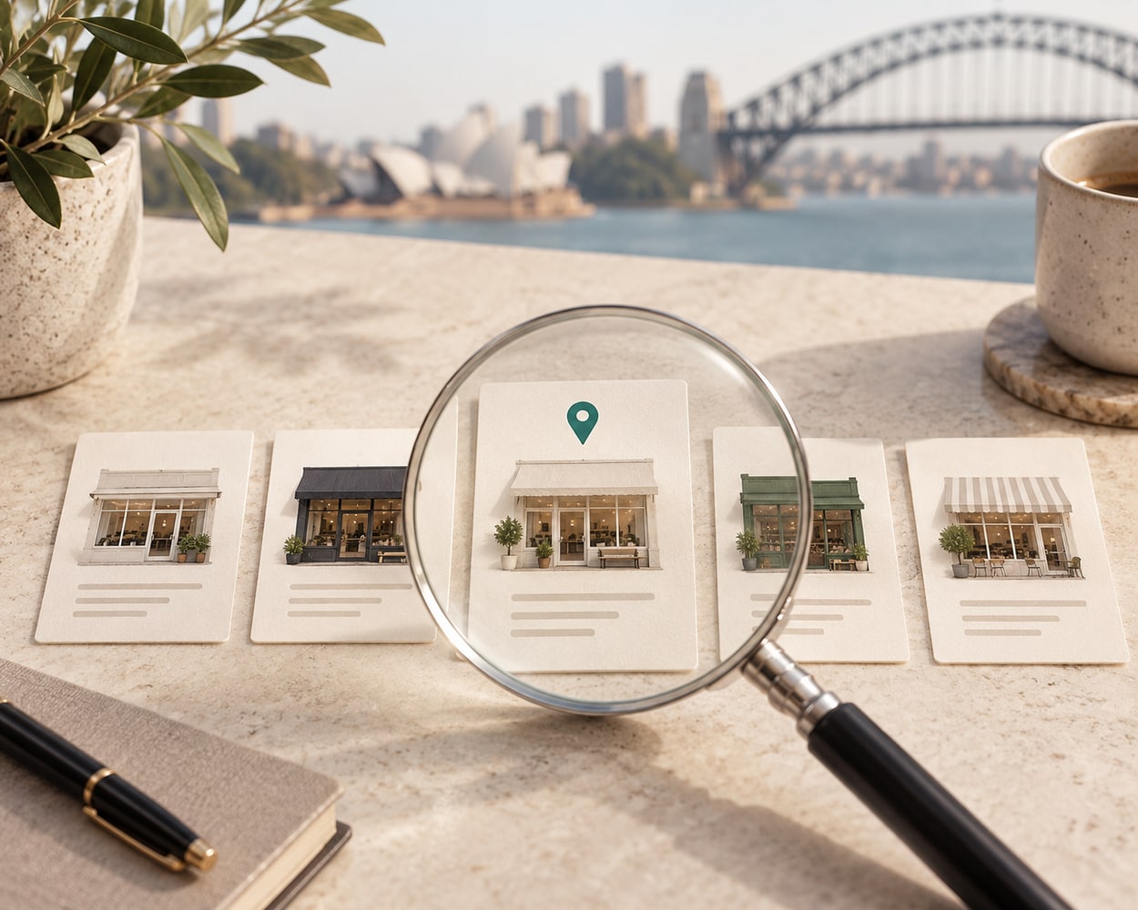 A magnifying glass over five small business cards with a teal location pin