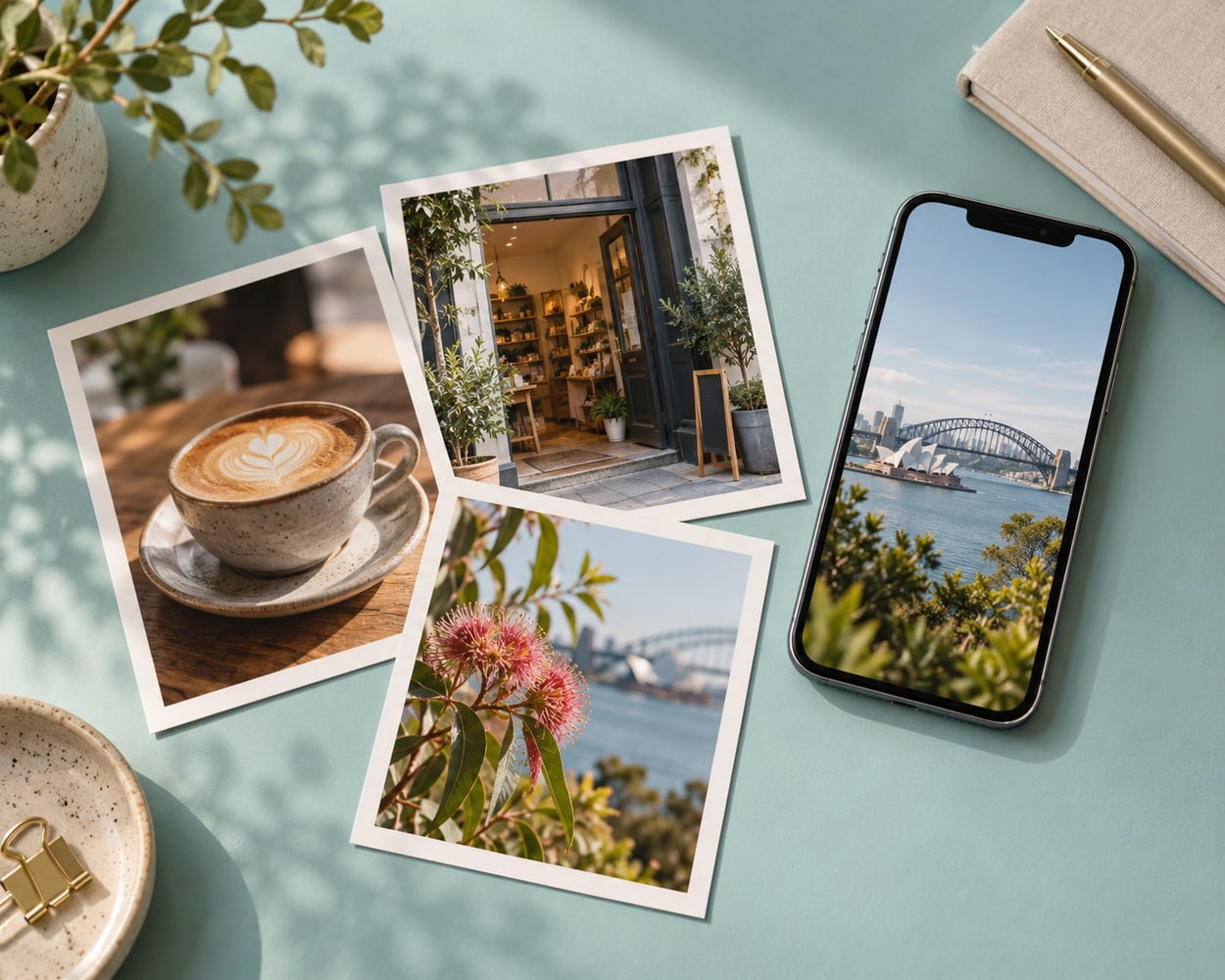 A phone and printed images arranged for a local business social content plan