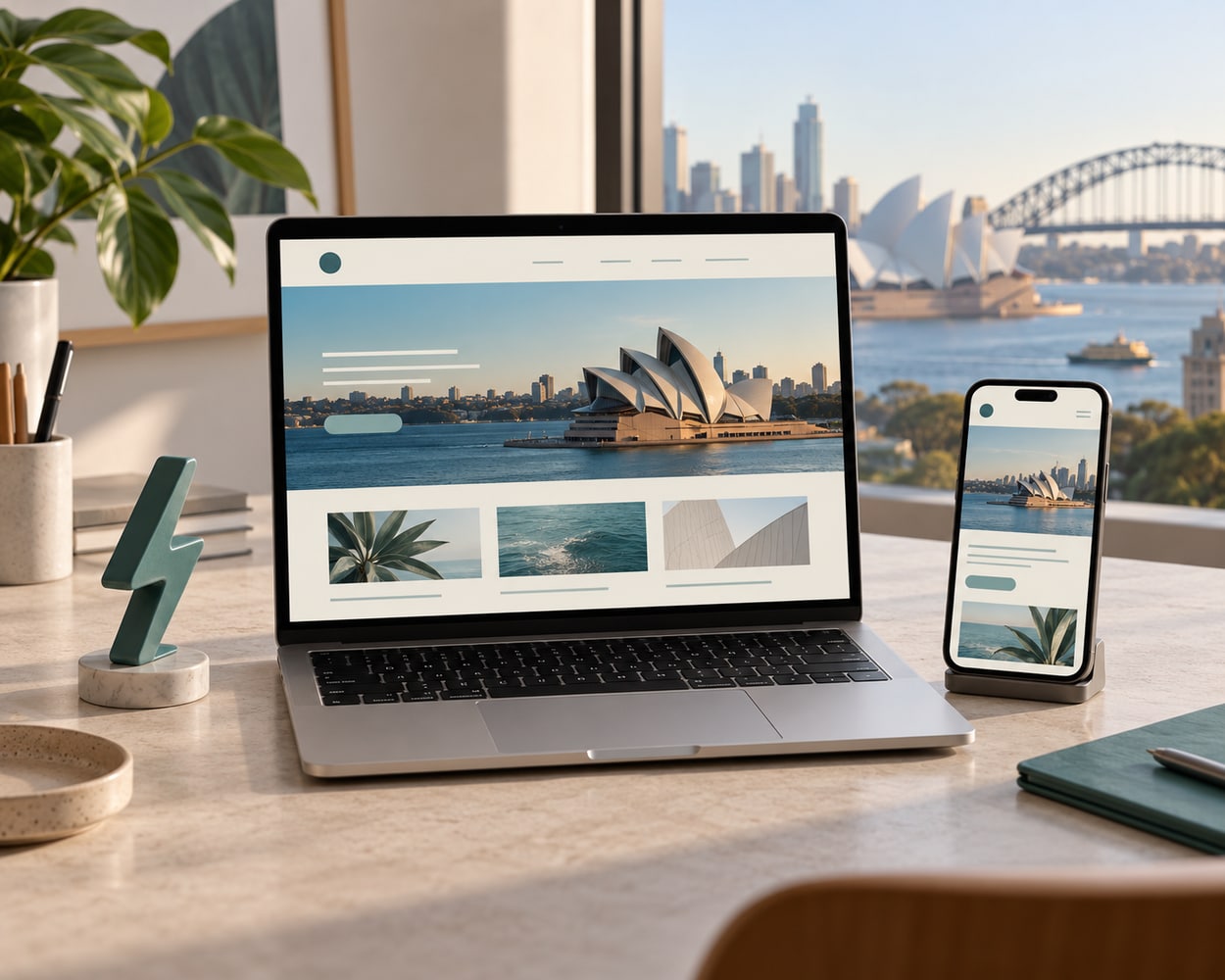 Laptop and phone showing coordinated website layouts in a Sydney studio illustration