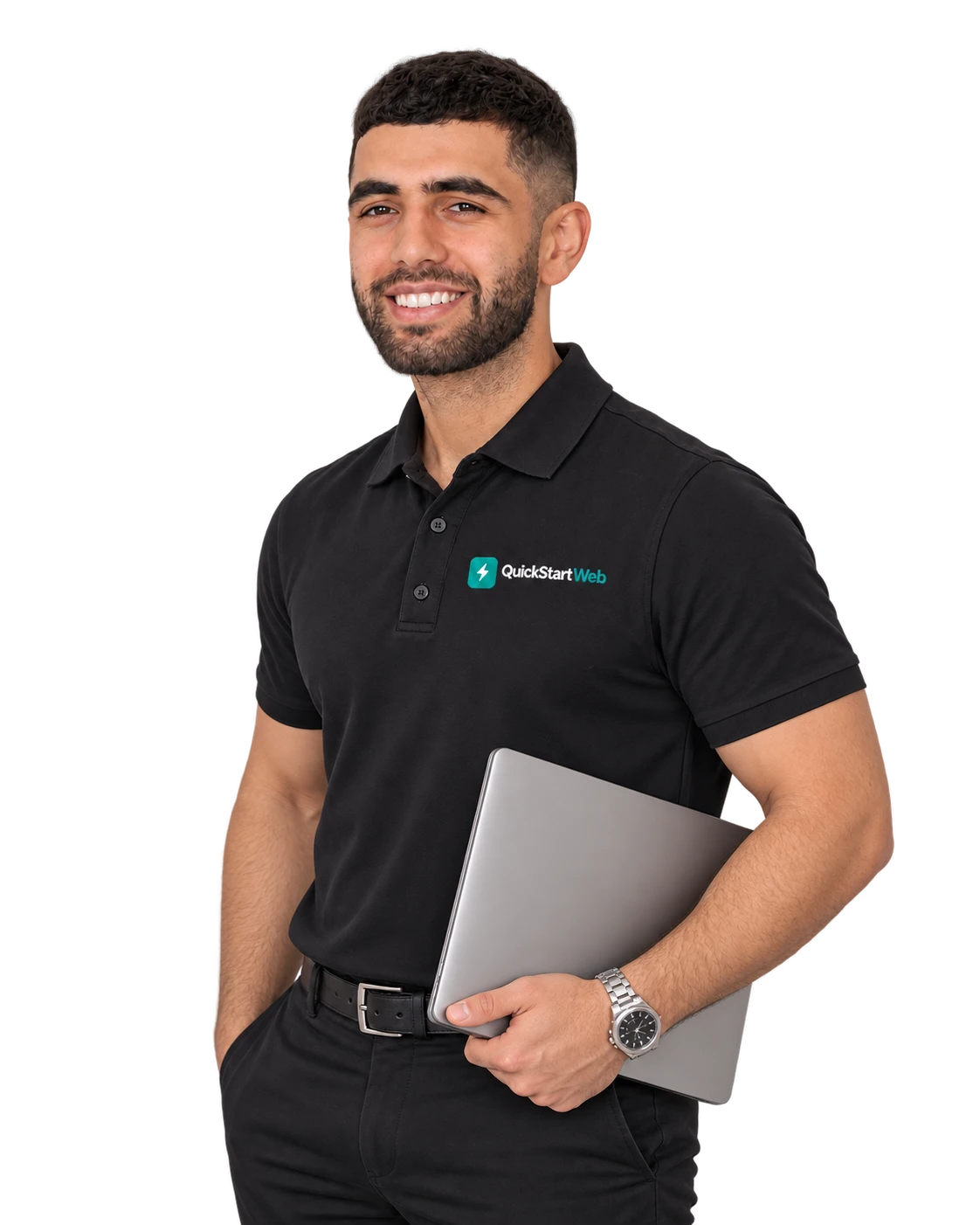 Anthony with his laptop, wearing a QuickStartWeb polo