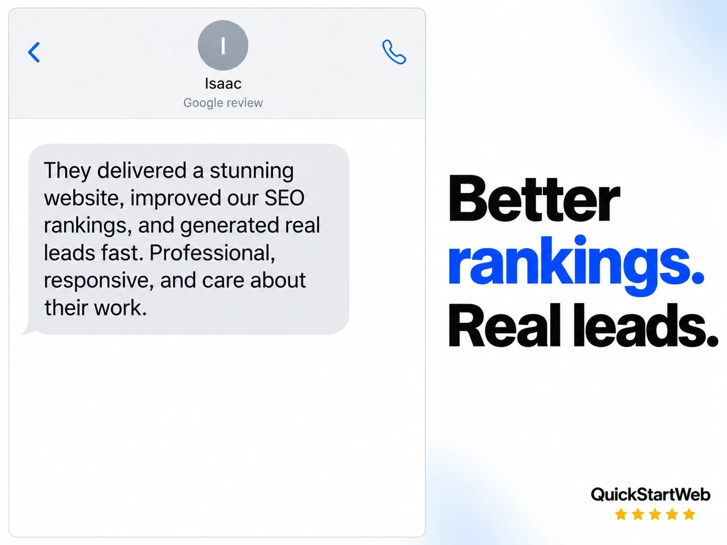 Isaac: Highly recommend QuickStartWeb for anyone serious about growing their business. They delivered a stunning website, improved our SEO rankings, and generated real leads fast. Professional, responsive, and care about their work.