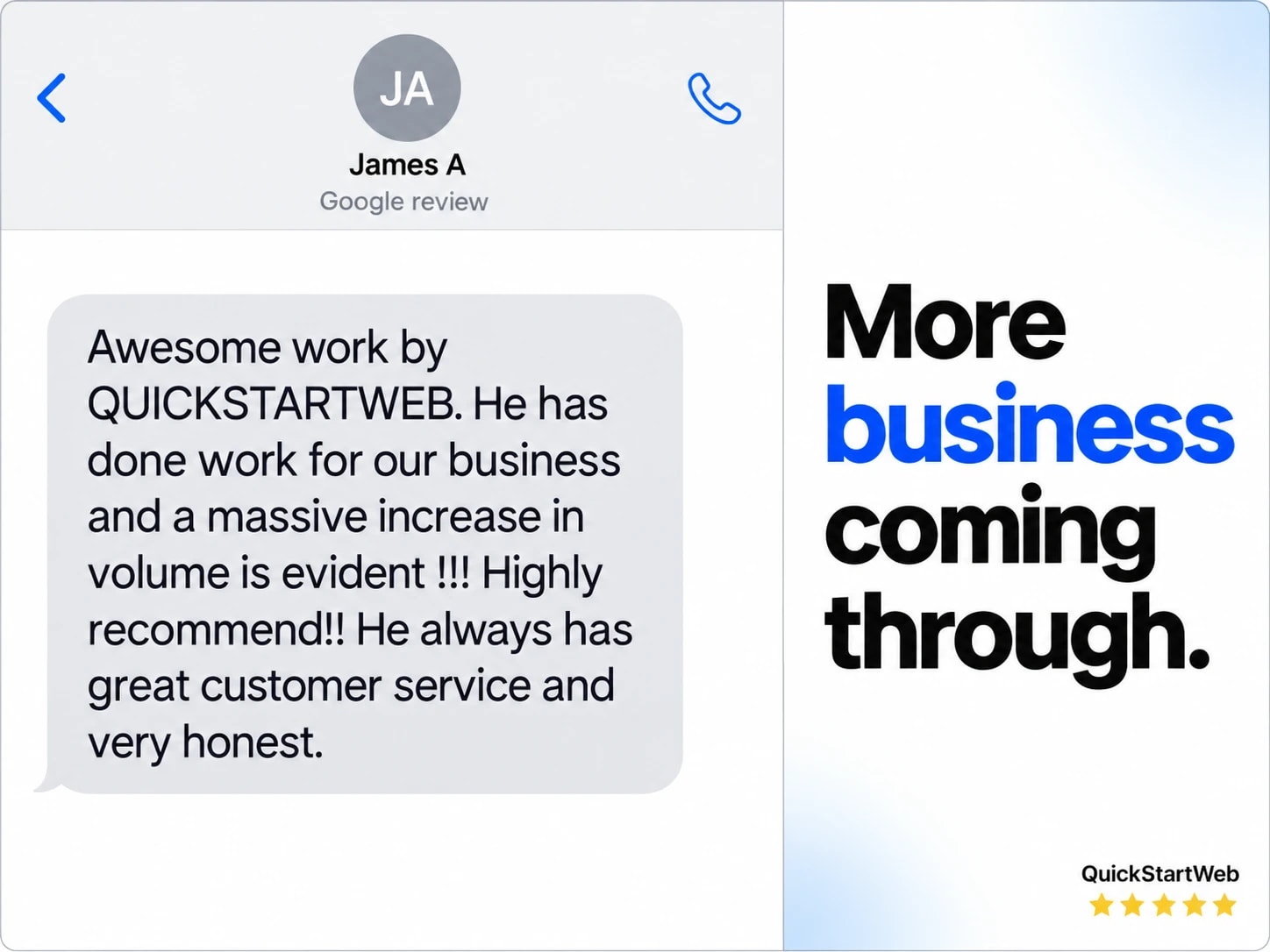 James A: Awesome work by QUICKSTARTWEB. He has done work for our business and a massive increase in volume is evident !!! Highly recommend!! He always has great customer service and very honest.