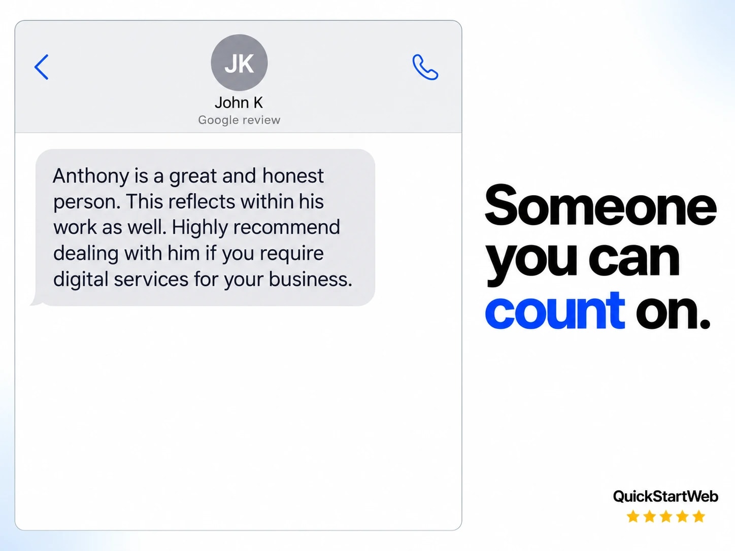 John K: Anthony is a great and honest person. This reflects within his work as well. Highly recommend dealing with him if you require digital services for your business.