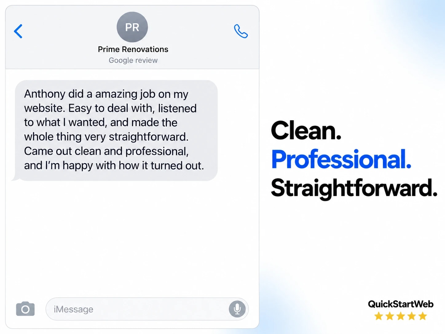 Prime Renovations: Anthony did a amazing job on my website. Easy to deal with, listened to what I wanted, and made the whole thing very straightforward. Came out clean and professional, and I’m happy with how it turned out.